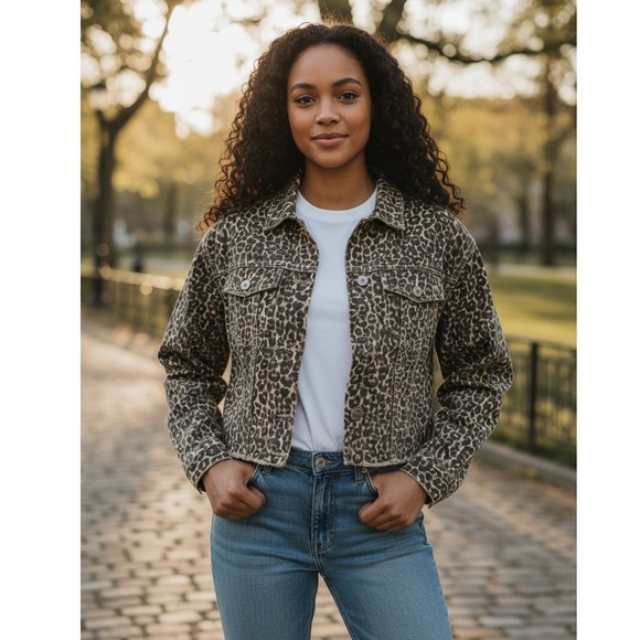 Free People Jackets & Blazers - NWOT Free People Leopard Print Denim Jacket Cropped Raw Hem Edgy Retro XS